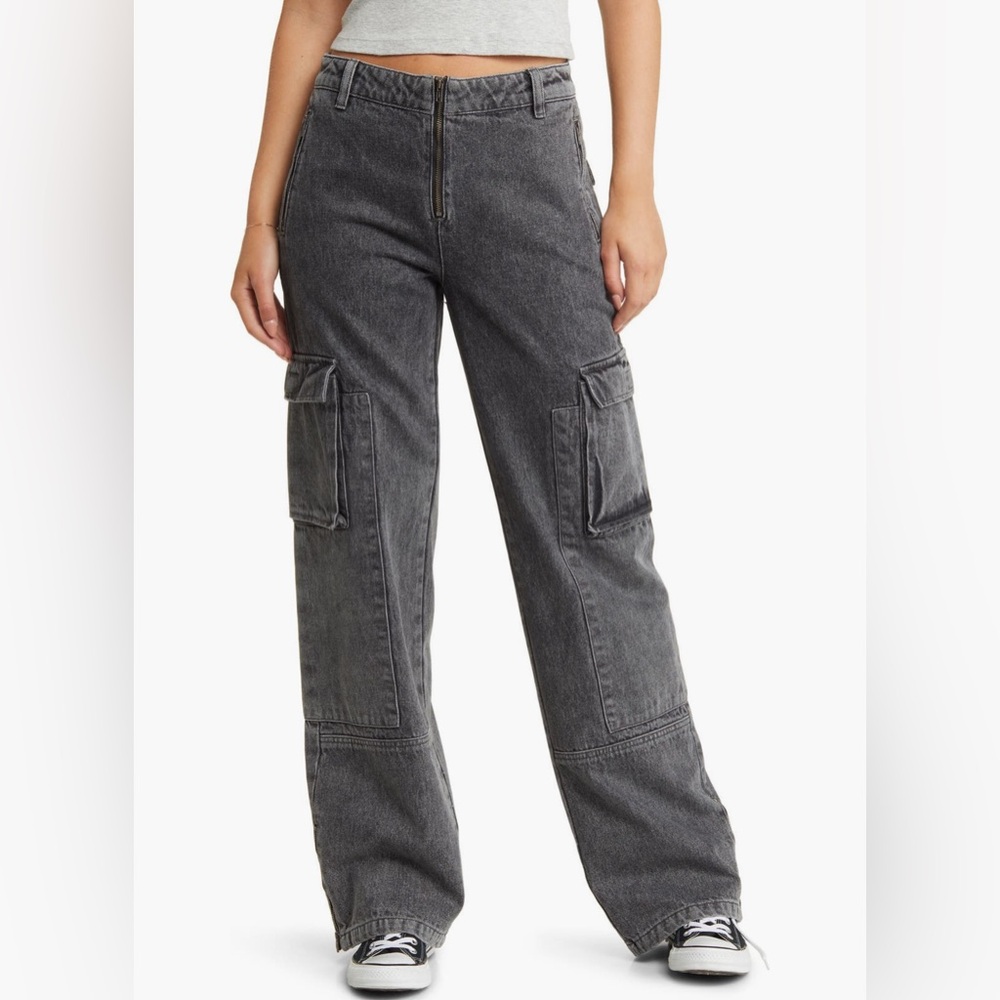 PTCL High Waist Wide Leg Cargo Jeans, Black Wash